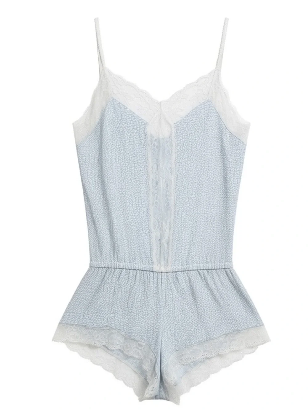 Eberjey Light Blue and White Lace Trim Romper Pajama